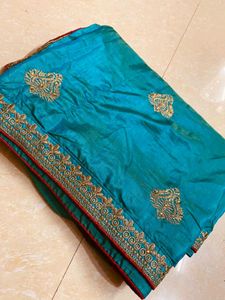 Teal &amp; Gold Embroidered Saree