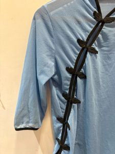 Beautiful Blue Mandarin Collar Mesh Top
