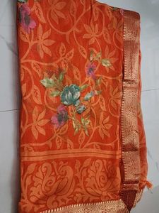 Orange Floral Print Silk Saree