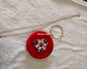 Red Velvet Shell Embellished Clutch