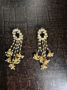 Gold &amp; Pearl Earrings And Ear Chain Set