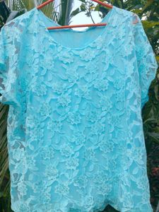 Blue Floral Lace Glitter Top