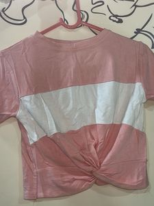 Pink &amp; White Knotted Crop Top