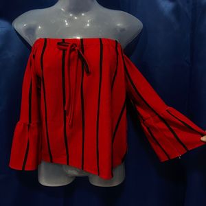 Red &amp; Black Off-Shoulder Crop Top With Bell Sleeve