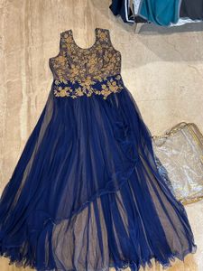 Elegant Navy Blue Embroidered Gown Golden And Roya