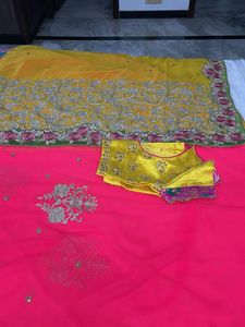 Yellow Embroidered Saree with Blouse
