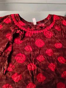 Brown Colour Top With Red Print &amp; Border