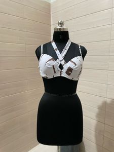 Imported White & Brown Bikini Top