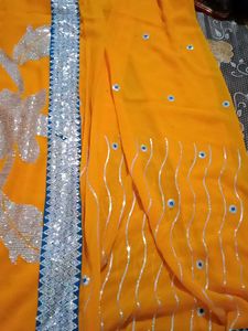 Yellow Sequence Saree with Blue Border