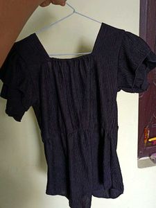 Black Textured Puff Sleeve Top