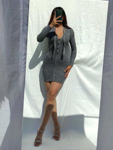 Stylish Knit Ripped grey Bodycon Dress