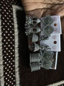 Silver Oxidized Jhumka Earring Set