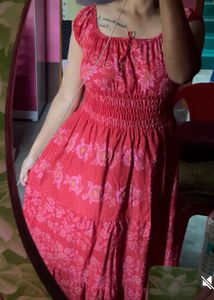 Deep Pink Stretchable Cotton Long Frock