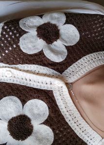 V Neck Knitted Brown Woolen Full Sleeved Top