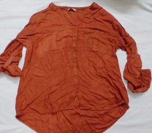 Rust-Colored Roll-Tab Sleeve Shirt