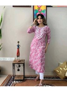 Pink Floral Embroidered Kurti Set Kurt For Women
