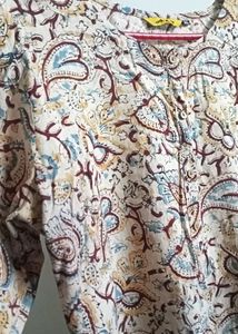 Beige Printed Cotton Kurti/Top