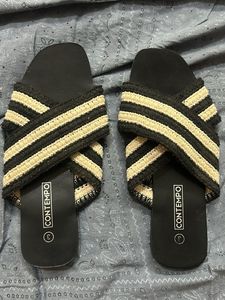 Black And White Strappy Beach Flats
