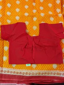 Orange &amp; Red Pure Cotton Saree With Blouse