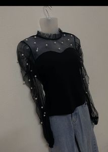 SHEIN PETITE Pearls Beaded Mesh Yoke Mock Neck Top
