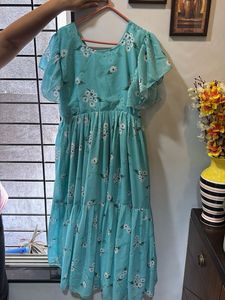 Aqua Floral Flutter Sleeve Dress