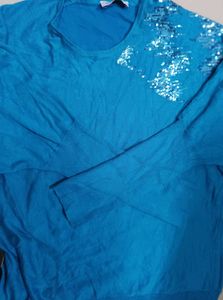 Blue Sequin Embellished Knit Top