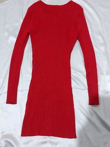 Hot Red Ribbed Bodycon Dress ( Fits - Xs , S , M )