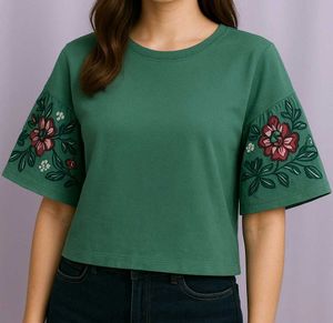 Green Floral Sleeves Solid Top