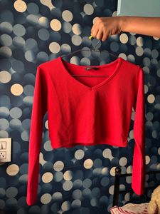 Red Cropped Long Sleeve Top