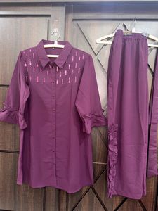 Purple Embellished Co-ord Set With Belt.