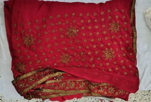 Elegant Red Georgette Saree with Golden Embroidery