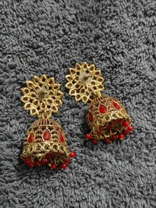 Red &amp; Gold Jhumka Earrings
