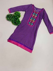 Purple Cotton Printed Kurta with Embroidered Yoke
