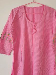 Pink Striped Kurti with Floral Embroidery