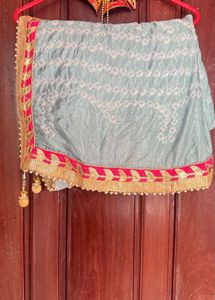 Embroidered Blue Bandani duppata with pink border