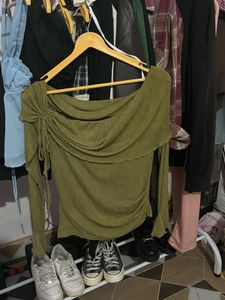 Olive Green Ruched Off-Shoulder Top