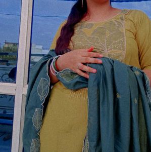 Olive Green Embroidered Kurti Set