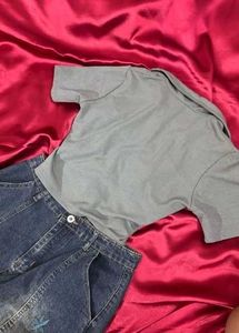 Grey Ribbed Polo Crop Top