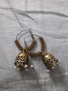 Gold Jhumka Earrings with Pearl Accents