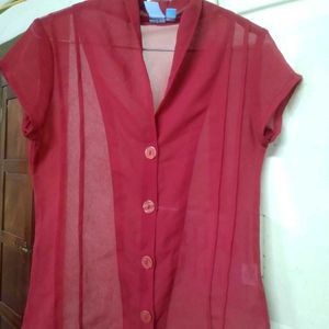 Red Sheer Button-Down Top