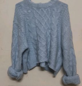 Beautiful Ice Blue Crop Sweater With Long Sleeves