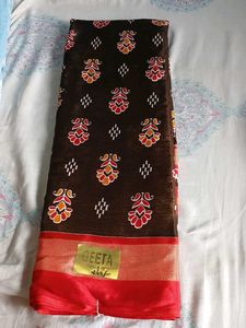 Brown &amp; Red Floral Ikat Saree