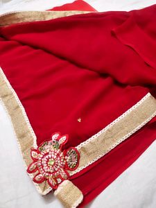 Woww Red Shady Saree With Patchwork