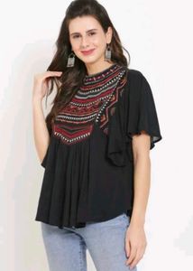 Casual Sleeveless Embroidered Black Top