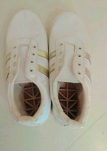 White & Gold Stripe Sneakers