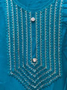 Teal Embroidered Kurta Set Handstiched