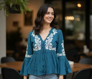 Embroidered Teal Top