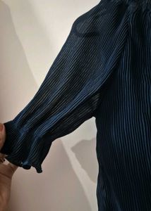 Elegant Navy Blue Pleated Off-Shoulder Top