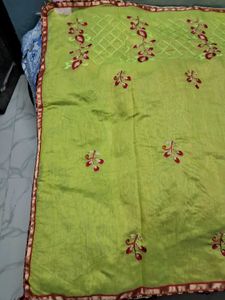 BrandNew Embroidary LimeGreen ChanderiCotton Saree