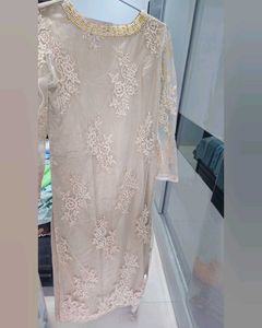 🪄Elegant Beige Embroidered Dress with Lime Green